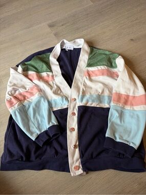 Retro Stripe Knit Cardigan in Navy, Cream, Pink & Light Blue